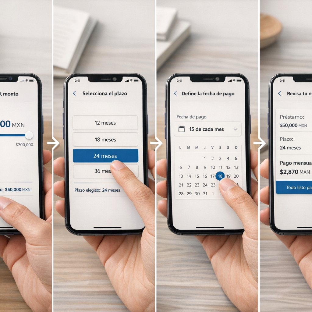 Paso a paso para simular un préstamo personal en una app financiera.