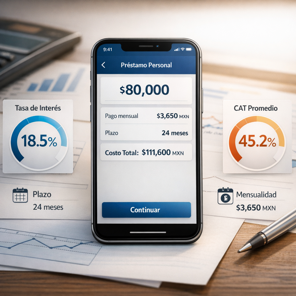 Visual comparativo de tasa, CAT y costo total en un préstamo personal digital en México.